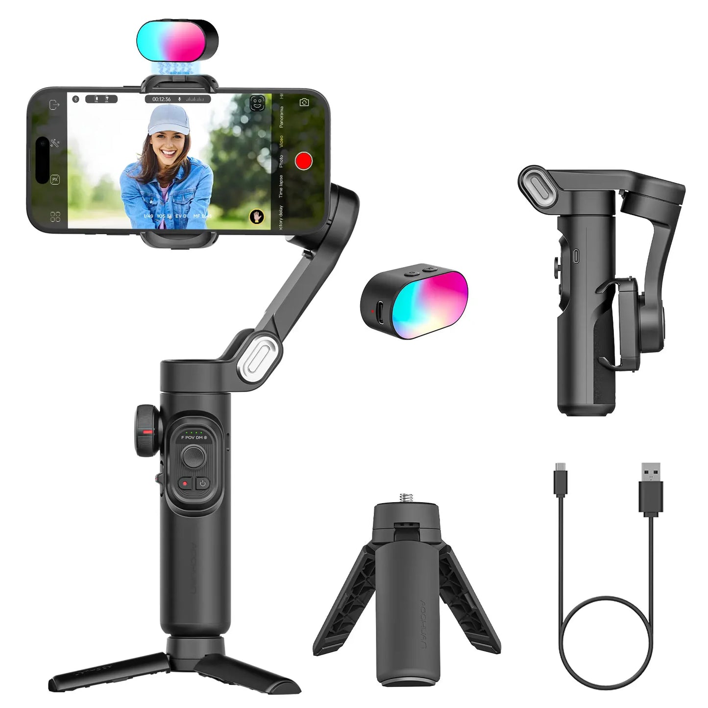 AOCHUAN Smart XE 3-Axis Gimbal Stabilizer — Foldable, Magnetic Mount, Fill Light for iPhone & Android