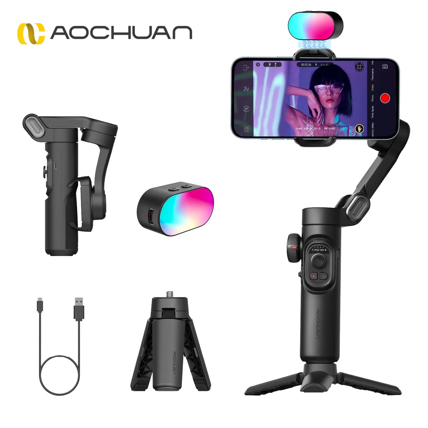AOCHUAN Smart XE 3-Axis Gimbal Stabilizer — Foldable, Magnetic Mount, Fill Light for iPhone & Android