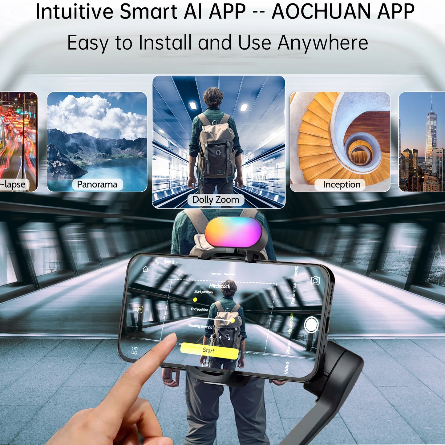 AOCHUAN Smart XE 3-Axis Gimbal Stabilizer — Foldable, Magnetic Mount, Fill Light for iPhone & Android